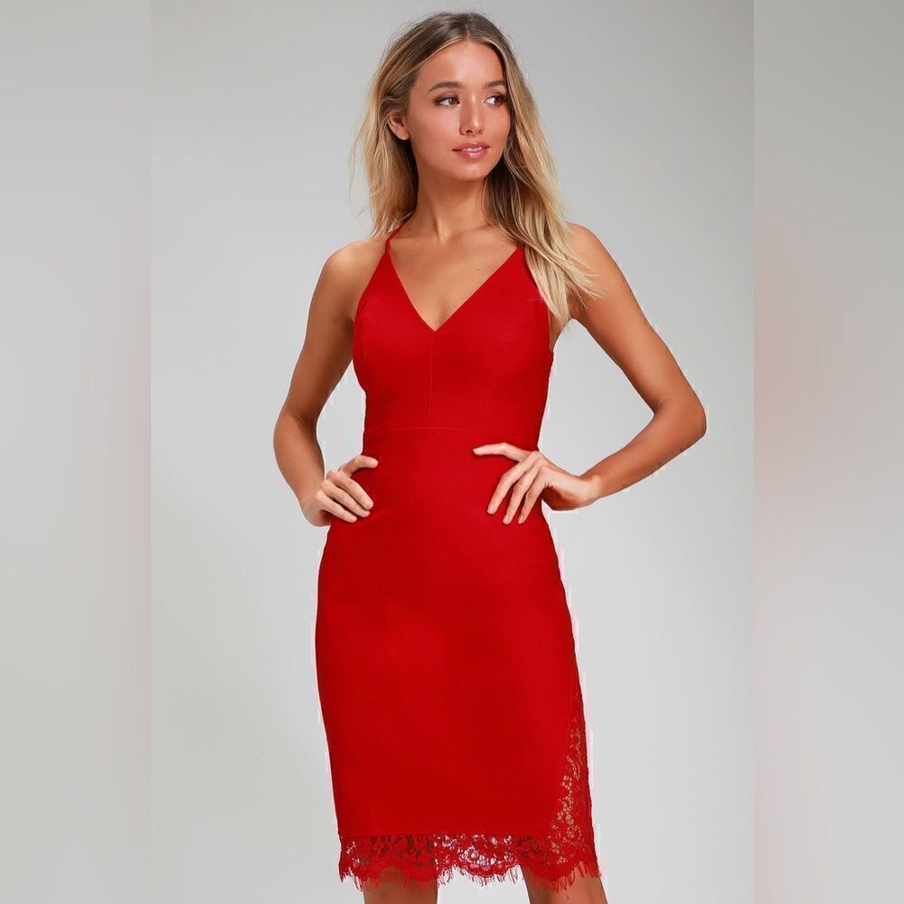 LULUS Only Want You Red Lace Bodycon Midi Dress Sold Out